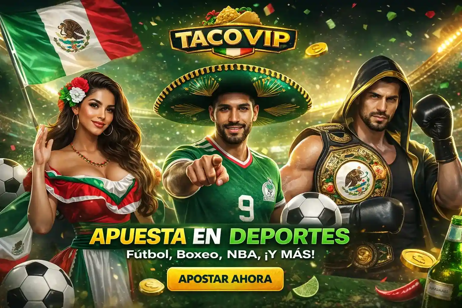 Apuestas Deportivas Online Banner principal promocionando apuestas de fútbol y boxeo con el logo de TacoVIP