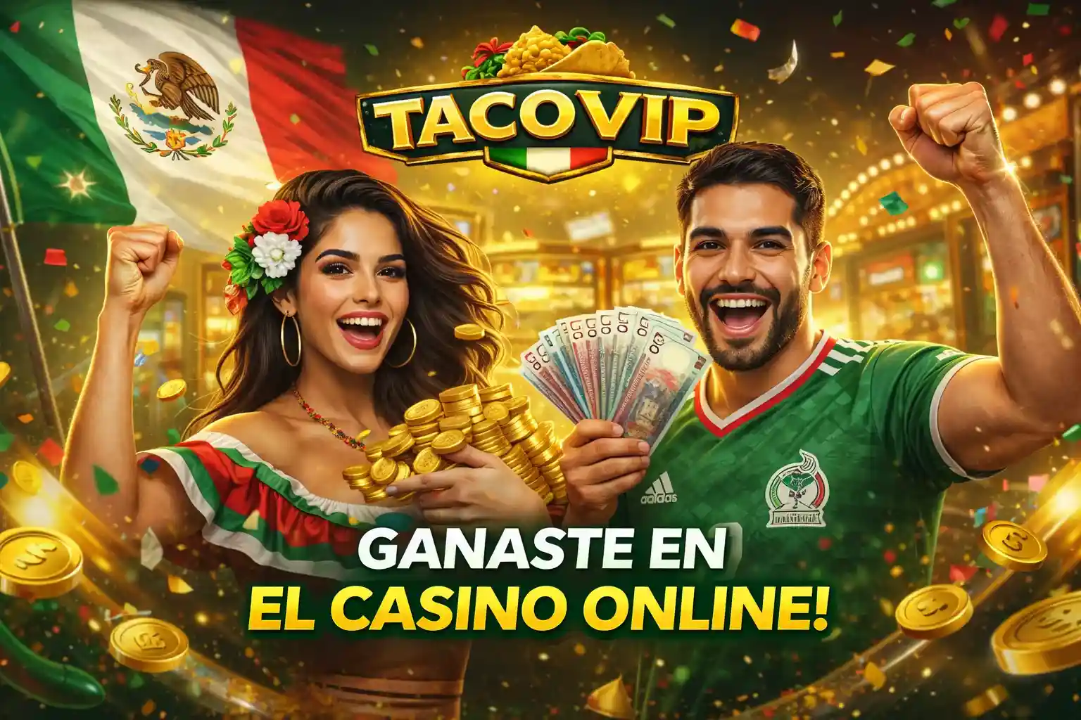 Ganancias Casino Online Jugadores celebrando una gran victoria en el casino con bandera mexicana y billetes